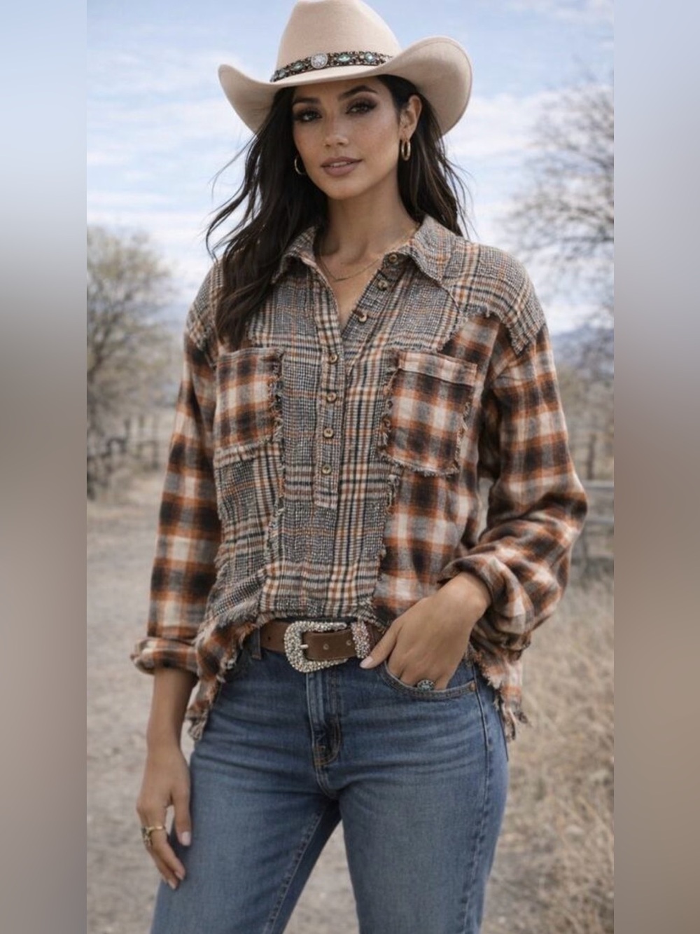 We The Free People Wildfire Plaid Tunic Shirt Mixed Patchwork Frayed Womens S